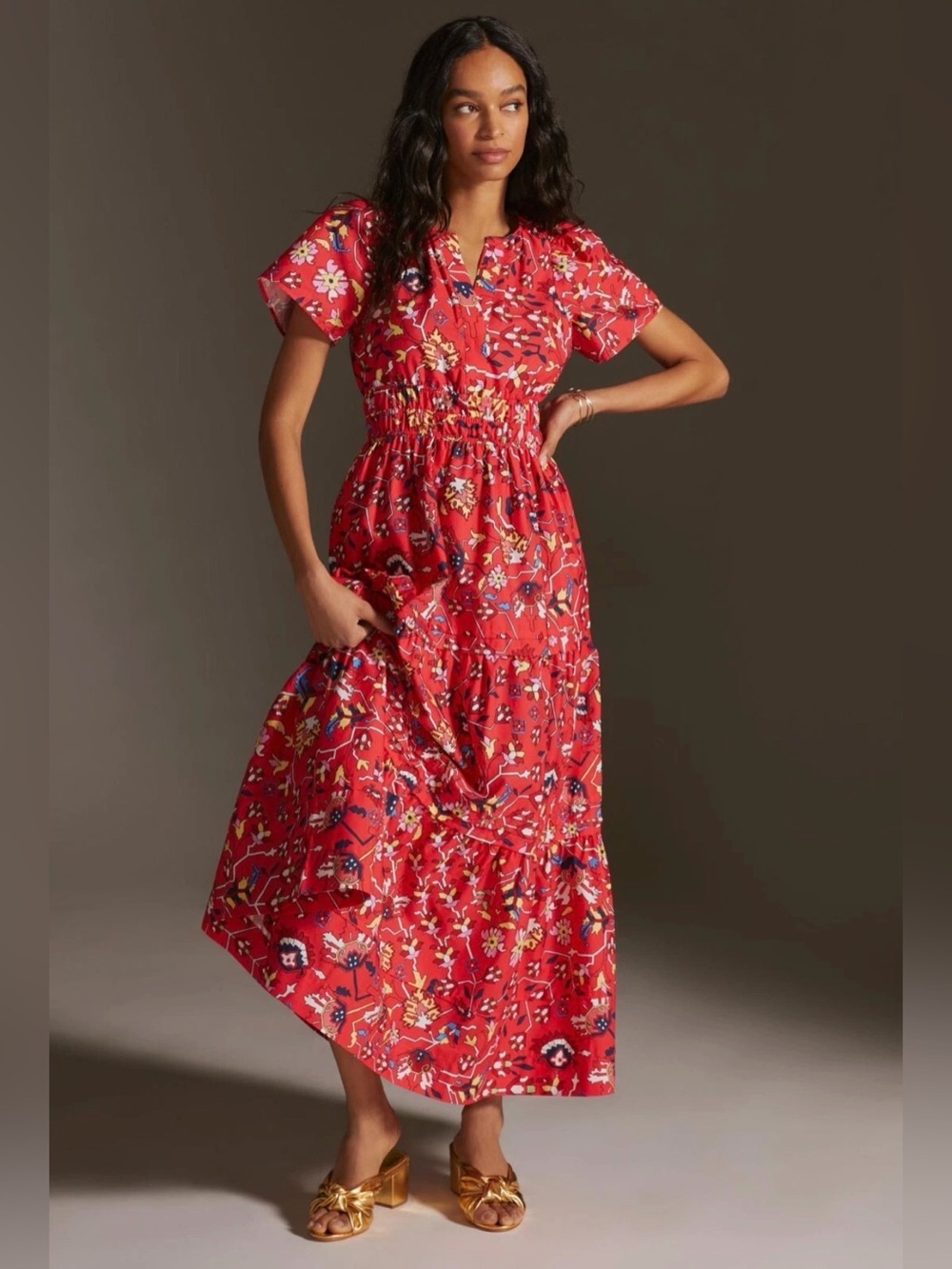 Anthropologie Maeve Somerset Maxi in Red Geo Floral Print Cotton Dress, Size Med - Picture 1 of 9